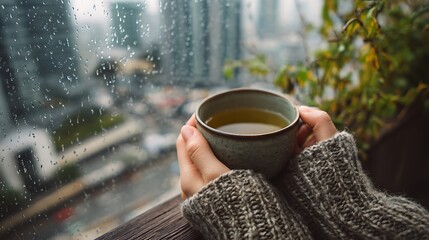 An introvert enjoying tea on a balcony during rain wearing a cozy sweater with peaceful cityscape background real photo stock photography