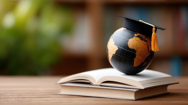 A globe sits on top of a book with a black
