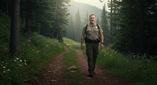 A mature ranger patrols a serene forest trail in early morning light showcasing dedication
