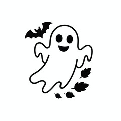 Vector illustration of a cute halloween ghost with a bat and falling leaves for a spooky holiday design