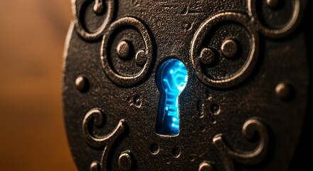 A close up of an ornately decorated metal lock with a glowing blue keyhole detail