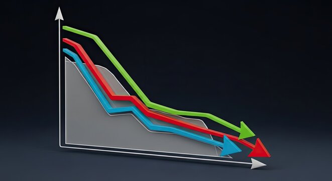 Three colorful lines showing a steep decline on a 3d graph