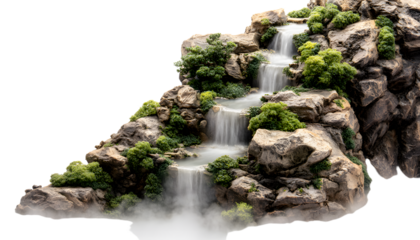 A mesmerizing miniature waterfall flowing through a rocky canyon, with soft mist enveloping the scene, standing alone on a white background