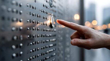 Braille engraved on a public elevator panel with finger pressing a button showing accessibility in urban public spaces