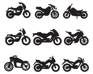 Obraz premium Collection of varied motorcycle silhouettes on white background showing different motorcycle models and styles
