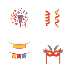 Colorful Celebration Icons Set Featuring Confetti Streamers Banners and a Mask