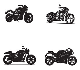 Obraz premium Four motorcycle silhouettes showcasing different styles on a clean white background