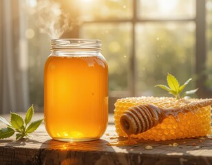 Transparent glass jar filled with golden honey and natural honeycomb on a rustic wooden table under warm sunlight.