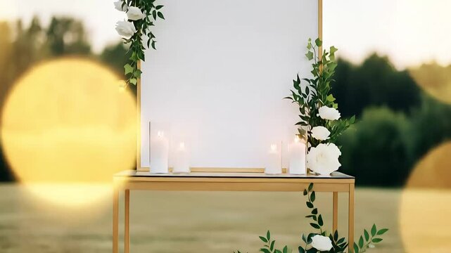 Elegant White Wedding Signboard with Floral Decor Outdoors at Golden Hour