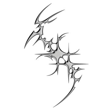 Chrome neo tribal tattoo. Succubus womb sigils and sharp cyber sigilism elements in liquid silver Y2K style