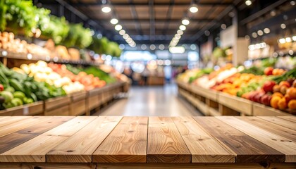 Rustic wooden table with vibrant produce backdrop
