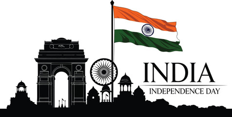 Silhouette of india gate with flag and ashoka chakra for independence day celebration design art