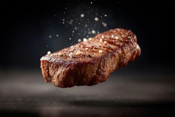 A piece of steak being sprinkled with salt on a black surface