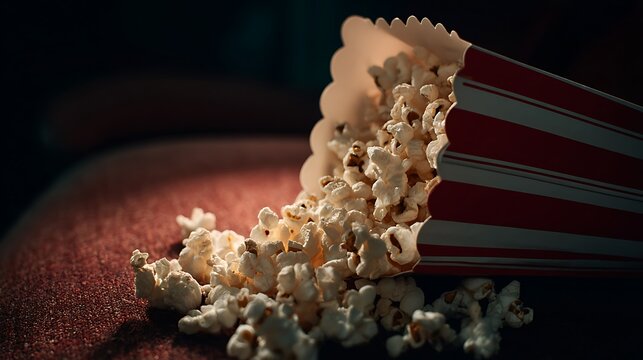 Close up of buttery popcorn spilling out of classic red and white striped box in cinema seat with dramatic lighting real photo stock photography
