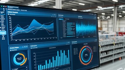 A modern computer screen displays complex data analytics dashboards with various charts and graphs, set against the blurred background of a busy warehouse - Powered by Adobe