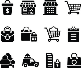 Set of minimalist black icons depicting shopping, finance, and commerce elements