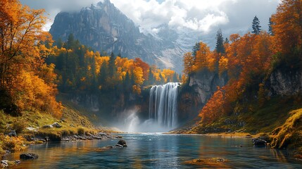 Autumn waterfall mountain landscape