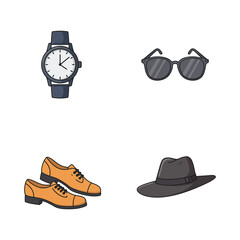 Cartoon illustration of male accessories including a watch sunglasses shoes and hat