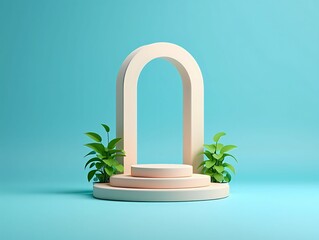 Minimalist Product Display Podium with Arch and Plants on Light Blue Background-Clean solid background (easy to isolate)