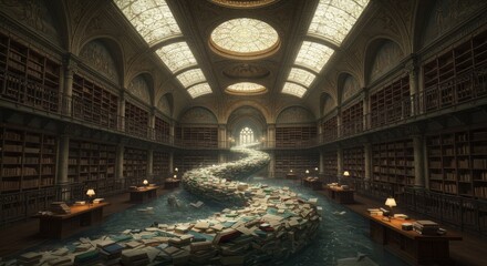 Obraz premium A grand library with a river of knowledge flowing through its halls and book desks