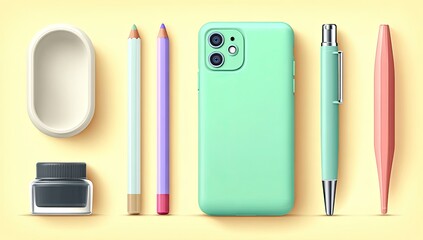 Naklejka premium Pastel-colored stationery and phone