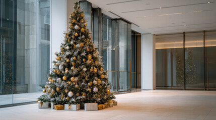 A beautifully decorated Christmas tree in a bright and modern lobby, ready for the holidays.
