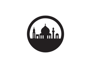Obraz premium Black silhouette of a mosque with minarets inside a circle on white