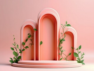 Pink Arch Podiums with Green Vines for Product Display-Clean solid background (easy to isolate)