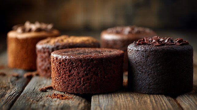 Four delicious chocolate cakes arranged on a rustic wooden table with soft natural light showing close-up texture details in a real photo stock photography