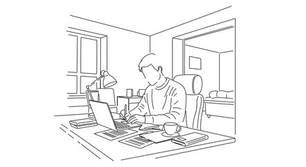 Illustration of man working from home on laptop computer at desk in home office workspace setting