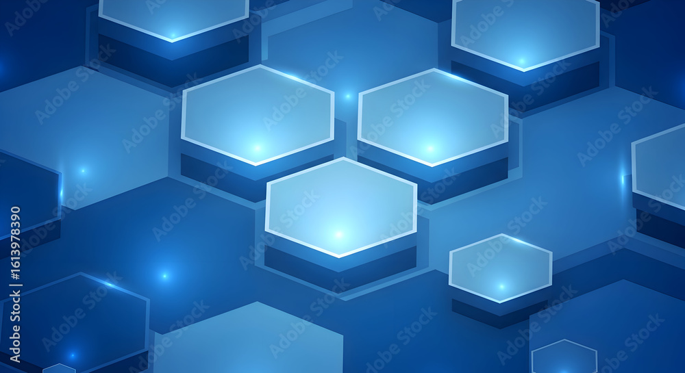 Poster abstract futuristic blue hexagonal grid pattern with glowing light effects and depth of field for te