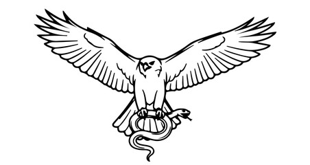 Obraz premium Eagle with snake tattoo design vector illustration predatory bird and serpent art graphic outline drawing