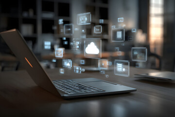 Cloud computing technology concept with digital icons connecting to a laptop in a modern workspace environment illustrating data storage and internet connection