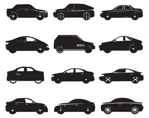 Black car silhouettes set, different auto models icons on white background