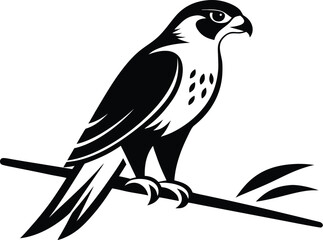 Falcon on branch, bird silhouette line art, perched raptor drawing, wildlife vector illustration, minimal nature scene