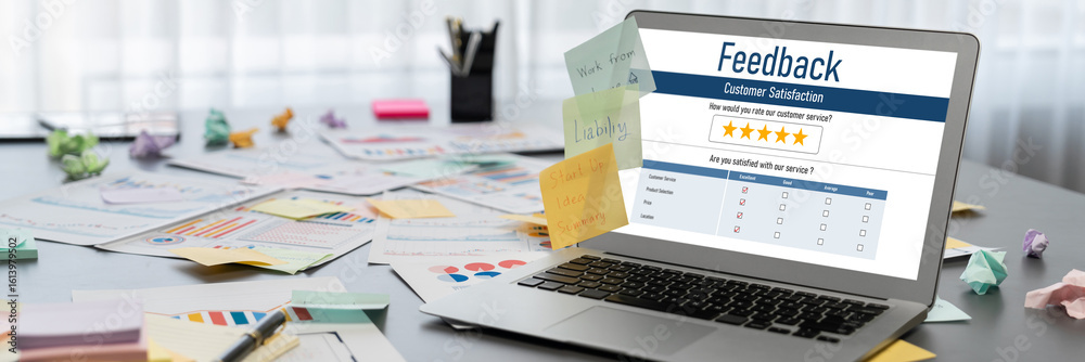 Poster sticky note for creative and analytic brainstorm for business idea with bi data dashboard on laptop 