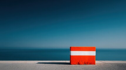 A red and white sign is sitting on a beach next to the ocean