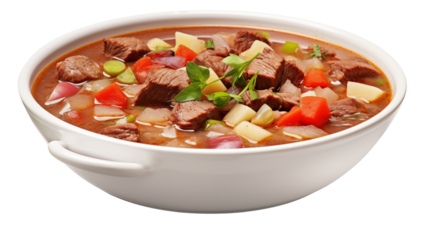 Savory beef stew featuring tender meat and colorful vegetables in a comforting warm bowl