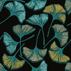 Ginkgo biloba leaves seamless batik print. Elegant gingko foliage outline vector illustration. Ginkgo plant leaf floral wallpaper pattern. Herbal organic trendy seamless motif.