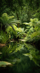Obraz premium A stunning backyard garden with a tranquil pond reflecting lush green trees.