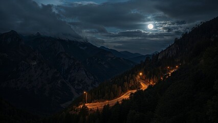 Winding Mountain Road Under Moonlight