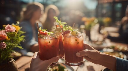 Friends clinking Bloody Mary drinks outdoors on sunny morning with variety of garnishes in each glass in relaxed atmosphere