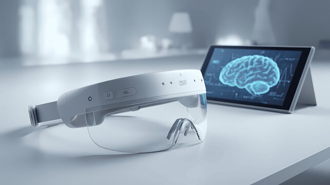 A futuristic VR headset and brain scan on a table, representing medical technology