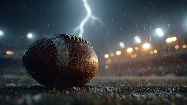 Close-up of a wet American football on grass field during a heavy rainstorm with lightning and bright stadium lights in the background, evoking intense and dynamic atmosphere