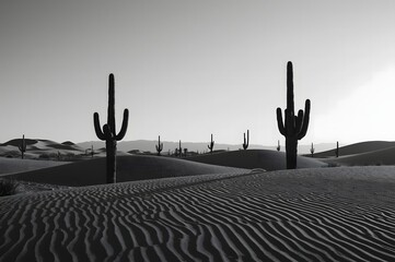 Monochrome Sand Dunes and Cacti Landscape