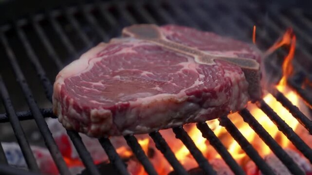 Close up of a raw t bone steak cooking on a grill with flames underneath it outdoors
