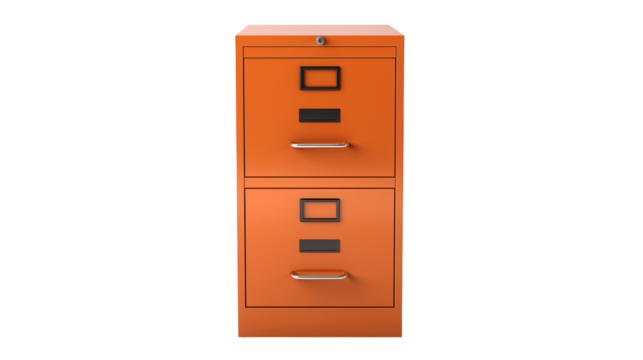 Organize important documents with a vibrant orange metal filing cabinet for efficient office storage