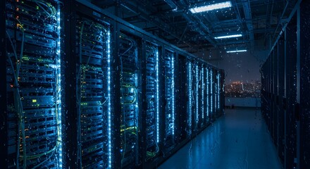 Obraz premium Cyberpunk Data Center: Rain-lashed Servers Glimmering Under Neon Lights
