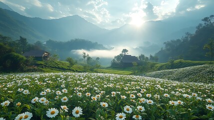 White daisy field in valley landscape