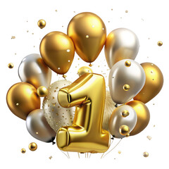 Golden number one balloon with gold and silver balloons